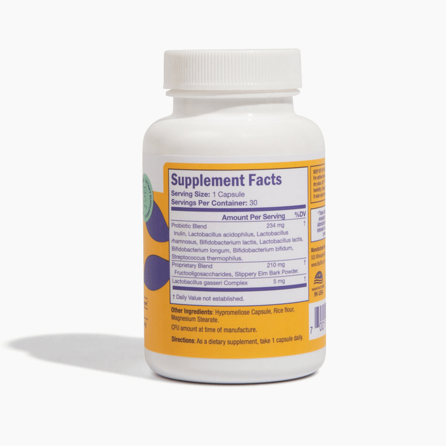 Bariatric Balance Probiotic Supplement bottle showing supplement facts and ingredients for gut health support.